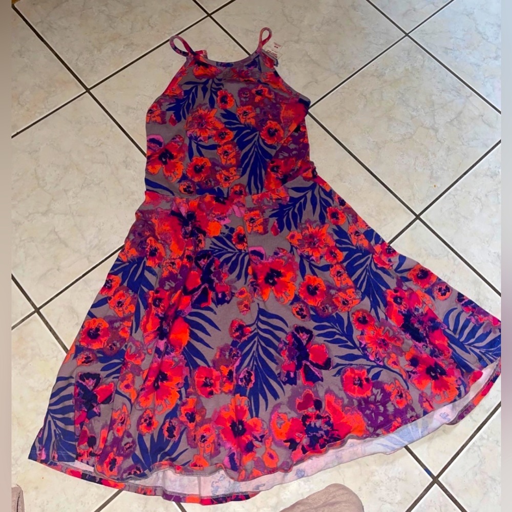 Mossino 100% cotton blue gray orange floral summer dress size M a line